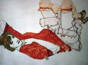 Affiche d’Art Schiele - Wally en chemisier rouge genoux relevés