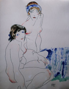 Egon Schiele : Two Female Nudes by The Water,  Riproduzione, Stampa d'Arte poster 60 x 80 cm