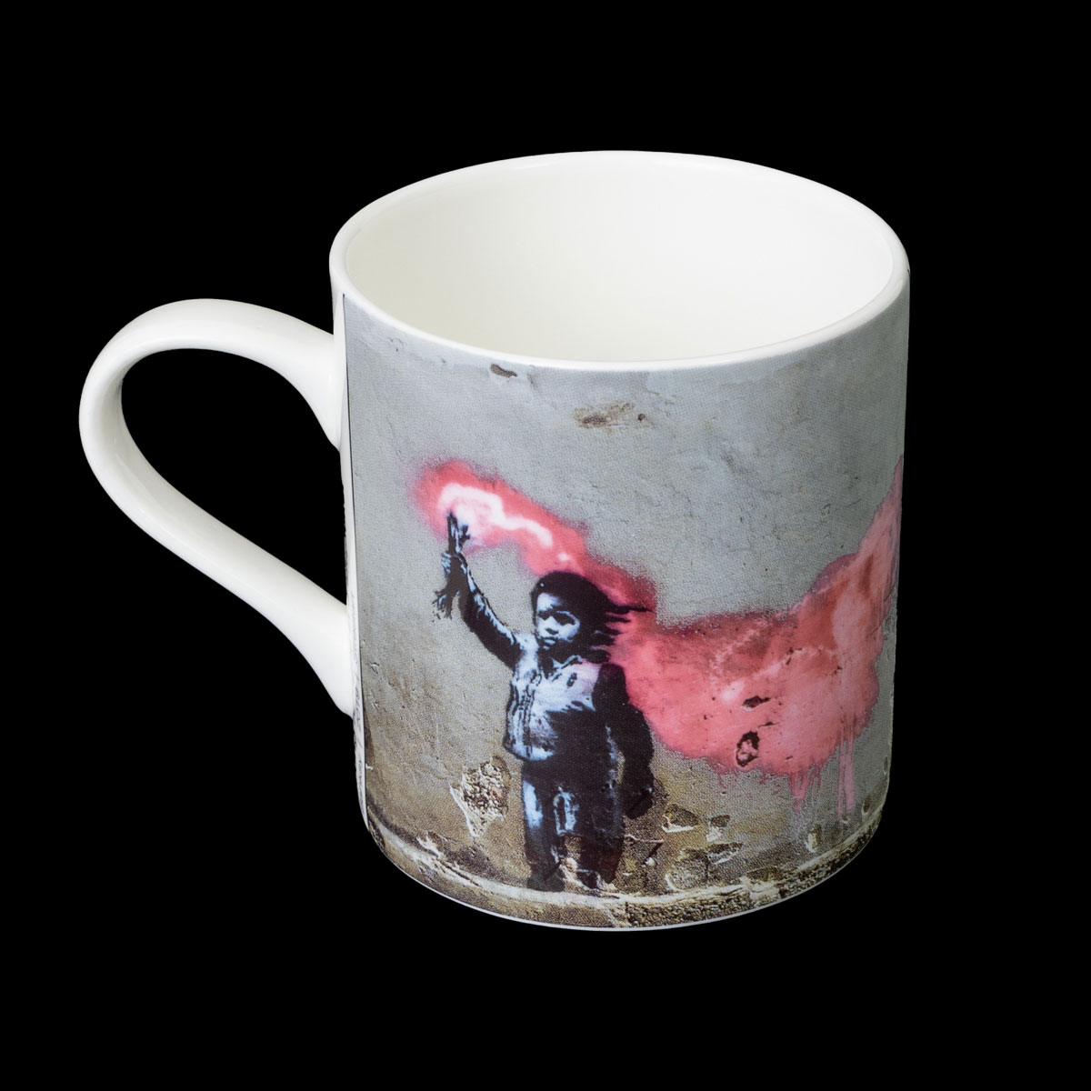 Banksy Mug: The migrant child with smoke canister and life jacket (detail)