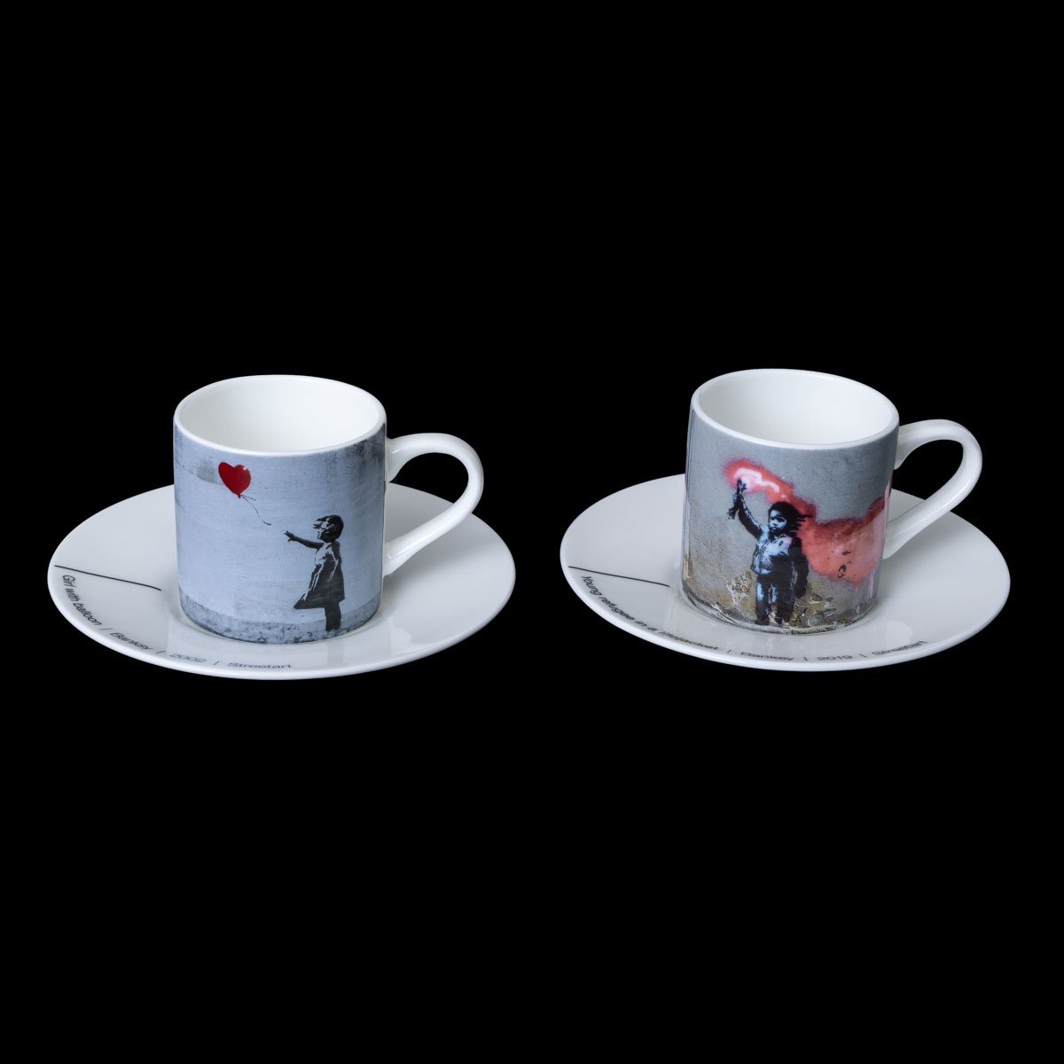 Duo tasses à expresso et sous-tasses Banksy (détail 1)