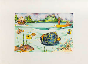 Lithographie originale de Titi Bécaud - Le lagon de Bora-Bora