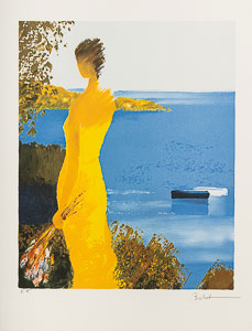 Emile Bellet : Original Lithograph : In a yellow dress