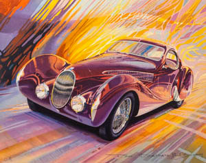 Litografía original firmada y numerada por Paul Bracq - Talbot-Lago Teardrops SS 150