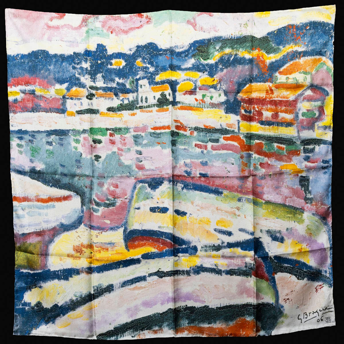 Foulard quadrato 90 x 90 cm - 100% seta - Georges Braque : Barche sulla Spiaggia a L'Estaque (1906) (spiegato)