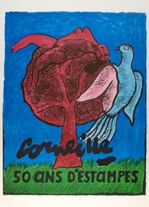 Lithograph by Guillaume Corneille: The red tree and the blue bird (2001)