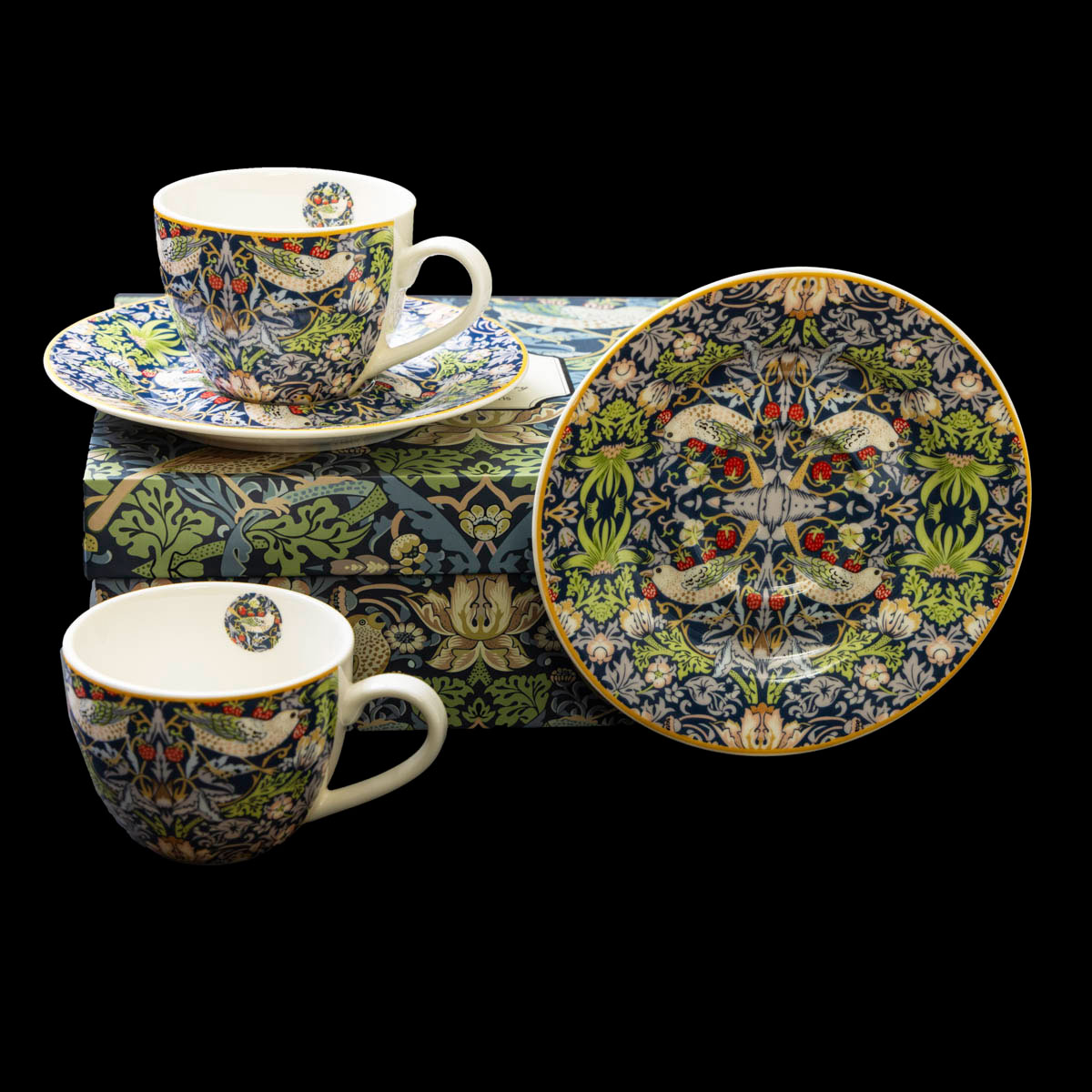 Duo tasses à expresso & sous-tasses William Morris, Strawberry Thief Blue (détail n°2)