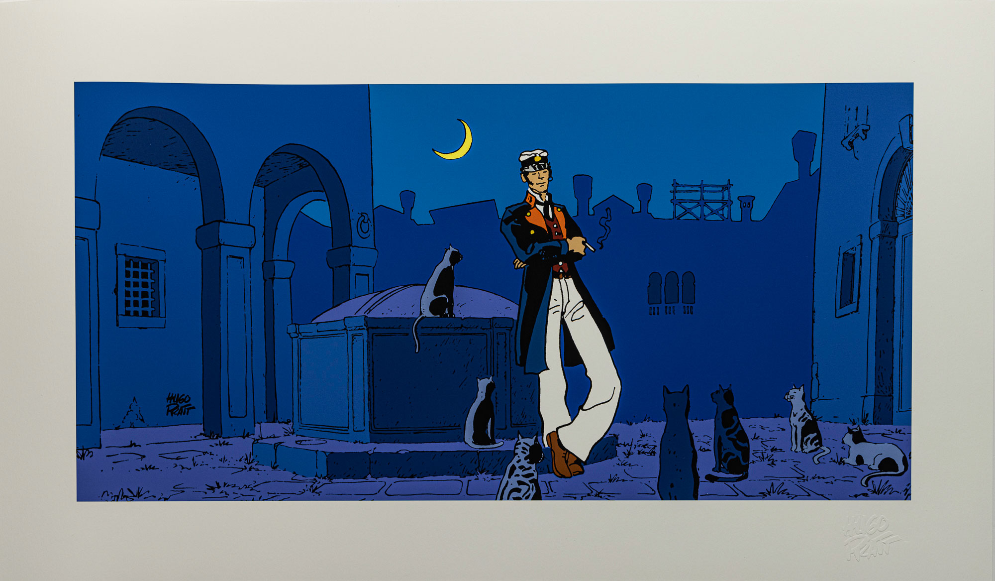 Estampe pigmentaire Hugo Pratt - Corto théâtre et les chats - Estampe 60 x 35 cm