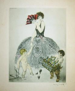 Color etching and aquatint by Louis Icart: Angel and Demon with Champagne Ayala