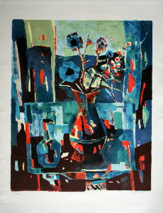 Tony Agostini Lithographie originale Le bouquet bleu