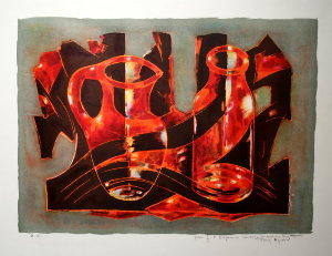 Tony Agostini Lithographie originale La Bouteille et le Pichet rouges