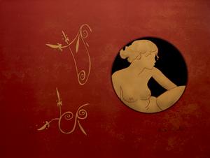 Alain Bonnefoit Original Lithograph : Lysistrata IV : Medallion on red background