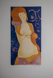 Lithographie originale de Alain Bonnefoit : Nu orange