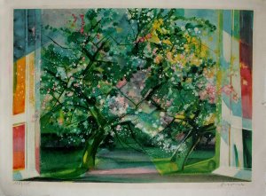 Camille HILAIRE : Original Lithograph : Fenêtre sur le Jardin