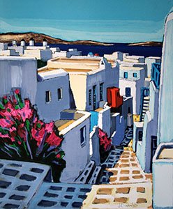 Jean-Claude QUILICI : Lithographie originale signée et numérotée : Ruelle fleurie à Mykonos