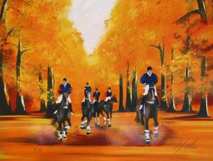 Lithographie originale signée et numérotée de Victor Spahn : Cavaliers en automne